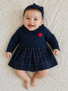 2/45 Jacadi Navy Baby Dress with Red Heart Patch and Headband